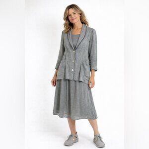 Fenini Lagenlook Grey Linen Blazer Skirt Set Size S/XS Boho Layered Chic Hippie